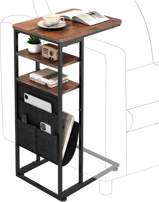 ZEXVIDA C Shaped End Table, C Shaped End Table for Couch, C Shaped Side Table with Storage Bag, Slide Under Sofa Table, C Table for Sofa with 2 Storage Shelf for Living Room, Bedroom
