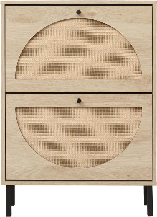 ZeHuoGe Rattan Shoe Cabinet with 2 Flip Drawers, Narrow Hidden Entrance Hallway Free Standing Shoe Rack for Heels, Slippers (Natural)