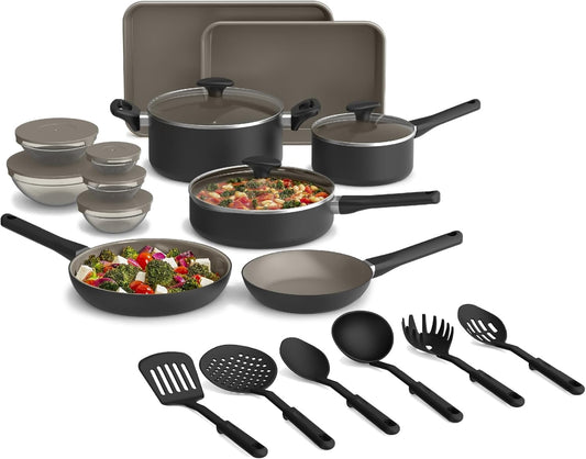 bella 21 Piece Kitchen Set with EverGood™ Ceramic Nonstick Coating\u200B, Dishwasher & Oven Safe, All Stovetops Compatible, Tempered Glass Lids & Cool Touch Handles, Black