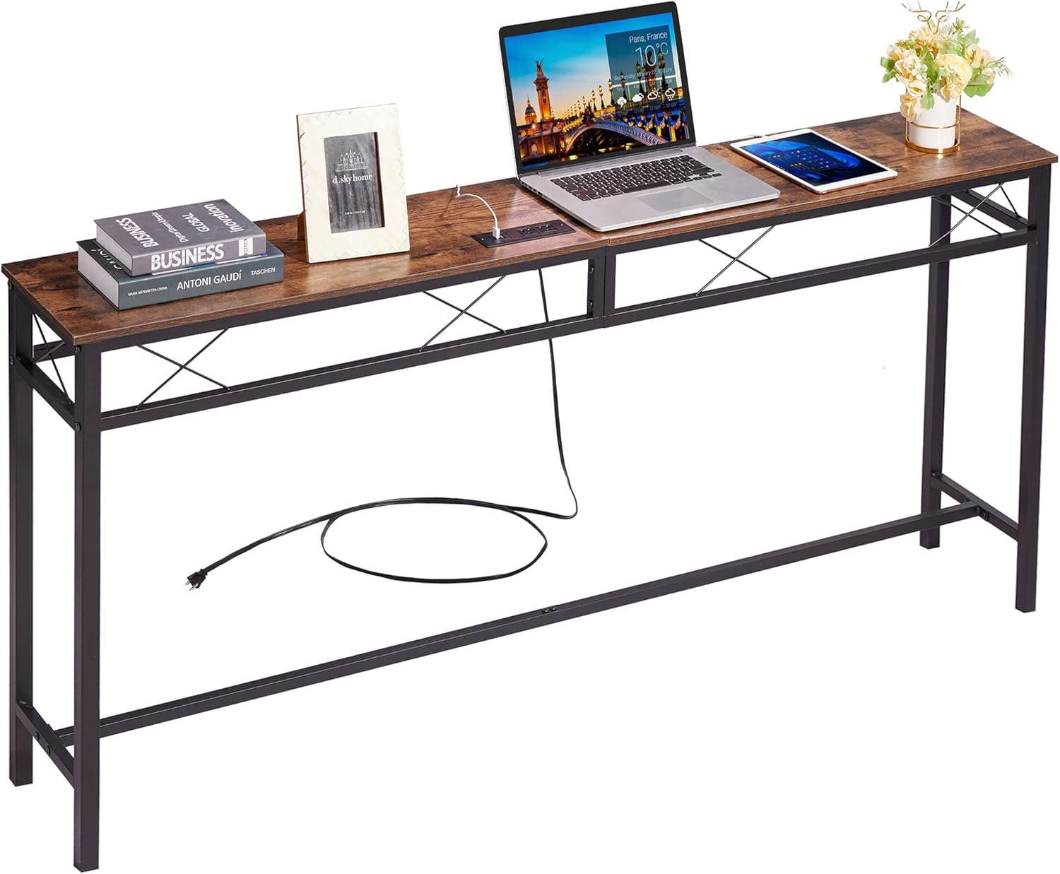 VECELO 55In Extra Long Narrow Sofa\/Console Table with Charging Station & Power Outlet and USB Ports, for Entryway, Living Room, Office, Industrial, Brown