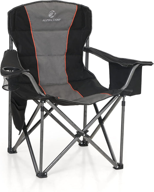 ALPHA CAMP Folding Camping Chair Oversized Heavy Duty Padded Outdoor Chair with Cup Holder Storage and Cooler Bag, 450 LBS Weight Capacity, Thicken 600D Oxford, Black