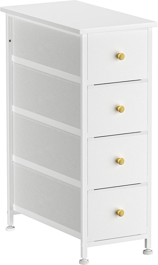 YILQQPER Narrow Dresser Storage Tower with 4 Drawers, Slim Dresser Chest of Drawers with Steel Frame, Wood Top, Golden Knobs, for Bedroom, Bathroom, Small Spaces, Laundry, Closet, White