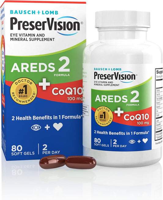 PreserVision AREDS 2 Eye Vitamins with CoQ10 for Heart Health, Lutein, Zeaxanthin, Vitamin C & E, Zinc, Copper, 80 Softgels