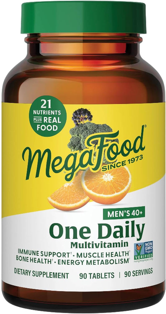 MegaFood Men's 40+ One Daily Multivitamin for Men With Vitamin B, Vitamin D3, Selenium, Zinc & Real Food - Immune Support, Energy Metabolism, and Muscle & Bone Health \u2013 Non GMO; Vegetarian - 90 Tabs