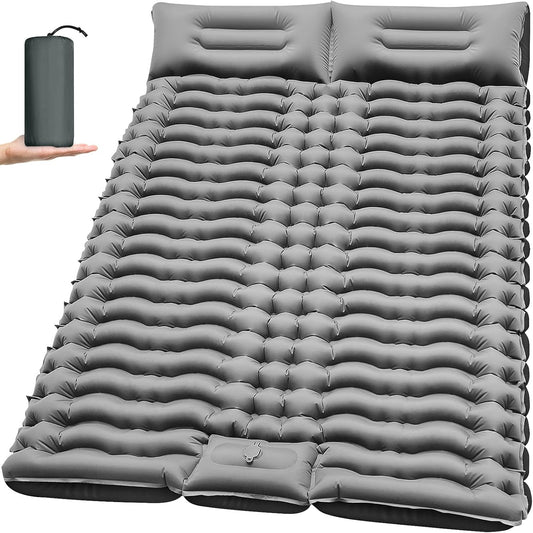 Double Camping Sleeping Pad, Inflatable Camping Pad Foot Pump Ultralight 4'' Extra-Thick 2 Person Camping Mat with Pillow for Backpacking Tent Hiking Traveling-Gray