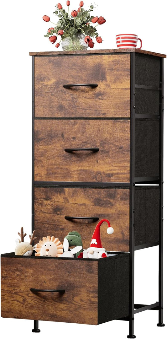 WLIVE Dresser with 4 Drawers, Fabric Storage Tower, Organizer Unit for Bedroom, Hallway, Entryway, Closets, Sturdy Steel Frame, Wood Top, Easy Pull Handle, Rustic Brown Wood Grain Print