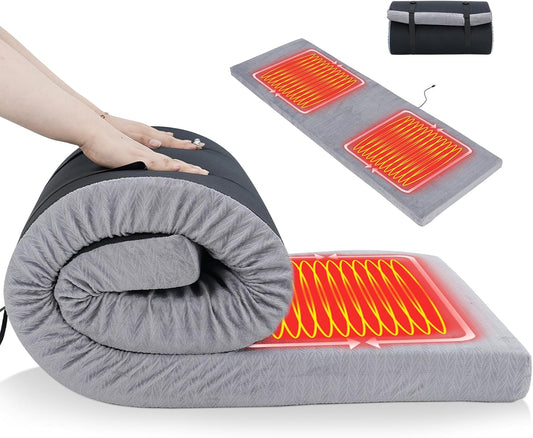 DoCred Heated Memory Foam Camping Mattress Sleeping Pad, 3 Inch Thick Cot Size Camping Mattress Portable Floor Sleeping Mat Sleepover Guest Bed Roll Up Mattress for Indoor Outdoor Travel