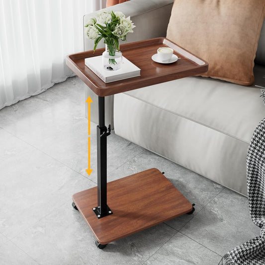 C Table End Table Adjustable Height, 360°Swivel TV Tray Table for Small Spaces, Couch Tables That slide under, C Shaped Side Tables living room and bedroom for Sofa, Bed,Chair, Snack (Walnut Brown)
