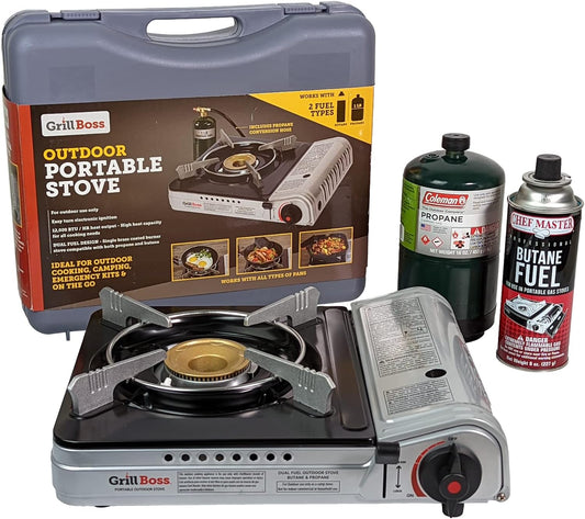 Grill Boss Dual Fuel Portable Stove, 12K BTU Camp Stove, Butane & Propane Portable Camping Stove, Portable Stove Dual Fuel Butane and Propane Stove for Emergency, Cooking, Hiking, Backpacking -90057