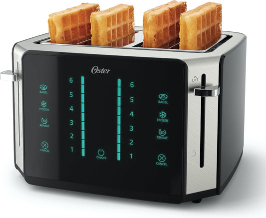 Oster 4-Slice Toaster, Touch Screen, Stainless Steel, Digital Timer, 6 Shade Settings, Easy to Clean, Removable Crumb Tray