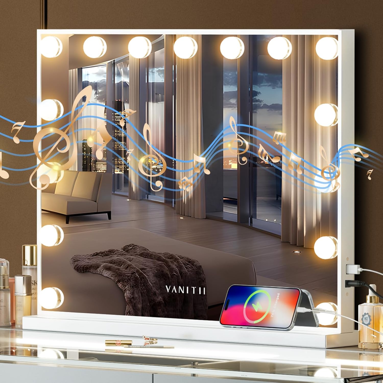 VANITII Vanity Hollywood Mirror with Lights Speaker USB Charging Lighted Makeup Mirror with Bulbs 3 Lighting Modes and Desktop Light up Mirror for Bedroom Dressing Room