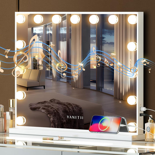 VANITII Vanity Hollywood Mirror with Lights Speaker USB Charging Lighted Makeup Mirror with Bulbs 3 Lighting Modes and Desktop Light up Mirror for Bedroom Dressing Room