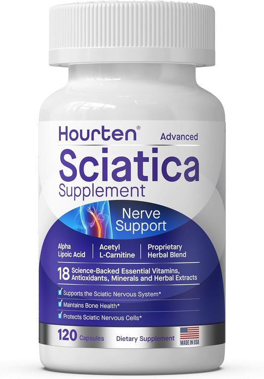 Hourten Advanced Sciatic Nerve Support Relief: Alpha Lipoic Acid - 18 in 1 Sciatica Supplements - Vitamin B Complex - Made in USA (120 Capsules) New