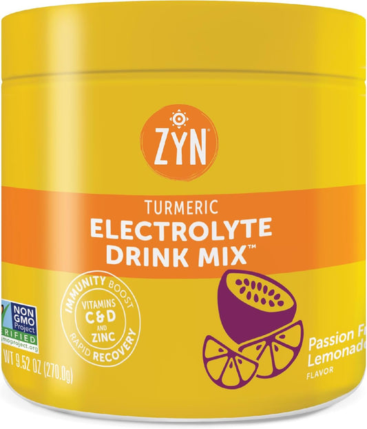 ZYN Electrolyte Hydration Drink Mix (30 Servings), Passionfruit Lemonade Electrolytes Powder, Hydrating Formula w\/Turmeric Curcumin, Vitamin C & D, Zinc, Electrolyte Support Drink Mix