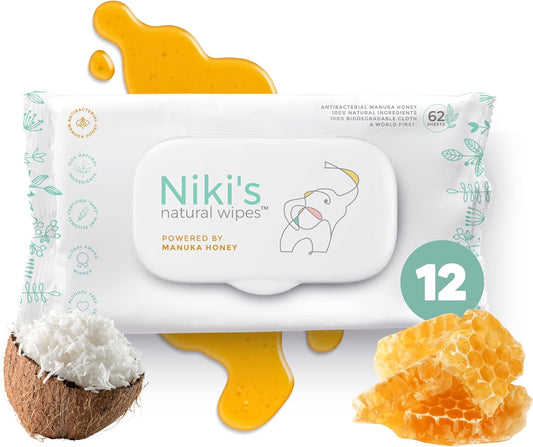 Niki's Natural Baby Wipes | Organic Baby Wipes Sensitive | Made with Manuka Honey and Coconut Oil, Unscented | EWG Verified | 744 Wipes (12 Pack x 62 Count Wipes) Baby Wipes Bulk