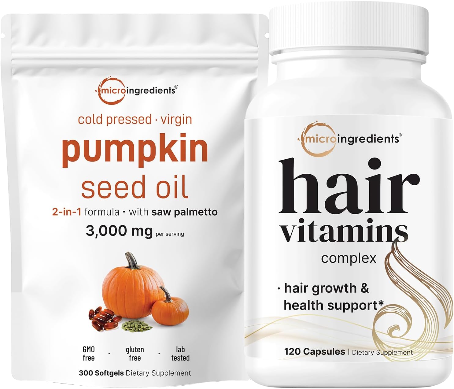 Micro Ingredients Pumpkin Seed Oil with Saw Palmetto & Hair Vitamins Complex Capsules Bundle 2 Pack | Cold Pressed, Pure Virgin Oil, Herbal Supplement | 14-in-1 Advanced Hair Growth Support