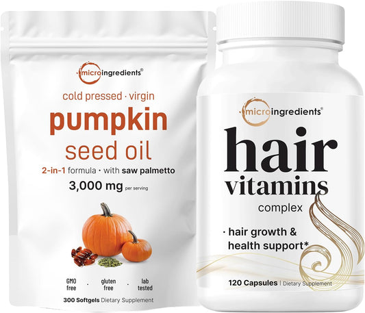 Micro Ingredients Pumpkin Seed Oil with Saw Palmetto & Hair Vitamins Complex Capsules Bundle 2 Pack | Cold Pressed, Pure Virgin Oil, Herbal Supplement | 14-in-1 Advanced Hair Growth Support