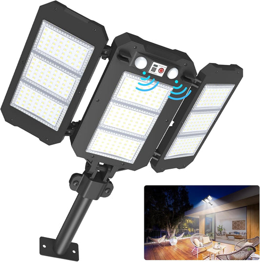 ropelux Solar Lights Outdoor, 4000 LM Super Bright Dual Motion Sensor Outdoor Lights, 3 Heads Dusk to Dawn LED Outdoor Flood Lights, IP65 Waterproof Solar Security Lights with 3 Modes for Yard Street