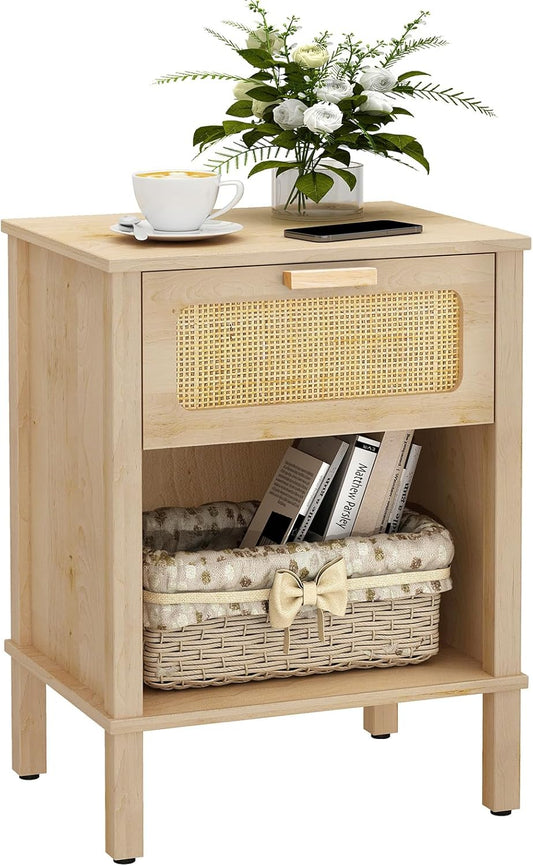 YAUKOMEL Small Rattan Nightstand,Boho Bedside Table,End Table with Drawer, Rattan Furniture,Rattan Nightstand with Boho Desk for Living Room,Bedroom,Small Space Natural 11.4"x15.3"x21.6" CTG66Y