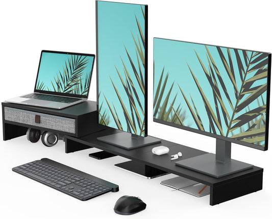 Fenge Computer Monitor Riser Stand with Drawer for 2 or 3 Monitors ,Adjustable Length and Angle Desktop Laptop Stand,Office Organizer,Printer,Black
