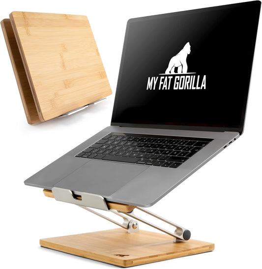 MY FAT GORILLA Bamboo Laptop Stand, Adjustable, Universal Holder for 10-15" Laptops, Ergonomic, Compatible with Smartphones, Tablets, Natural Water Resistant