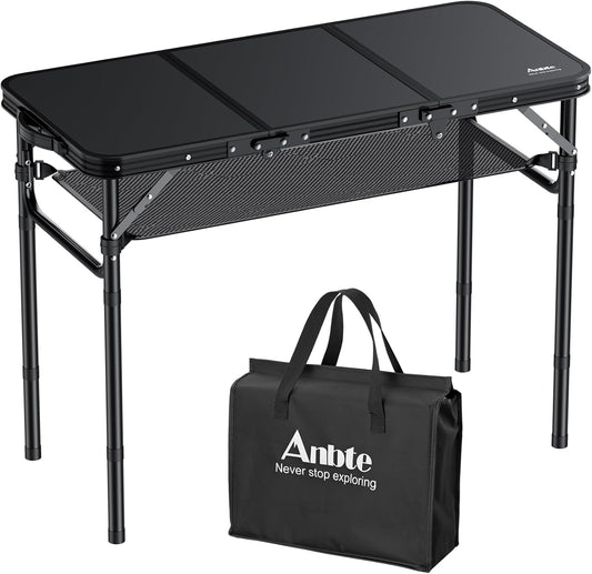 Anbte Folding Camping Table with Storage Net, 3ft Camping Table Aluminum Folding Table with 3 Adjustable Height Max 27.1 Inch Picnic Table Portable Table for Outdoor Backyard BBQ (Black)