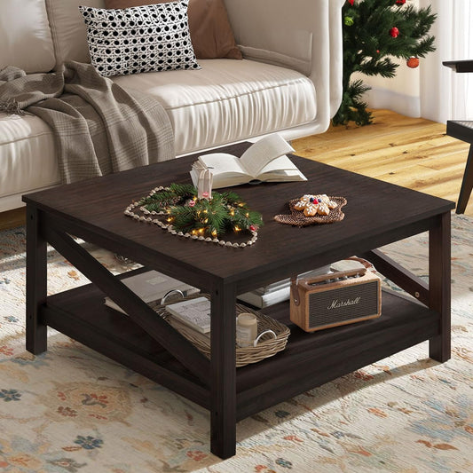 YITAHOME 2-Tier Square Coffee Tables with Storage,Coffee Table for Living Room,Center Table Coffee Table for Home,Wood Living Room Table Industrial Small Farmhouse Cocktail Table, Deep Espresso