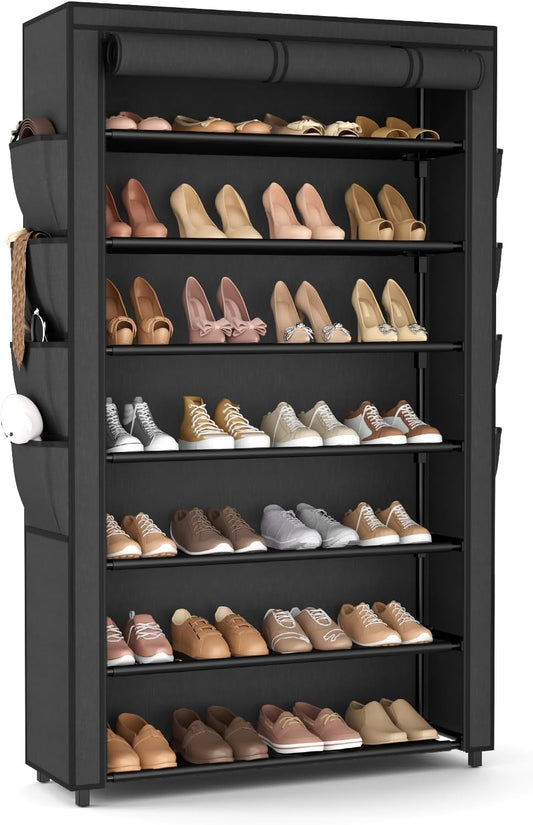 VILICK Shoe Rack with Cover, 7 Tier Shoe Organizer Storage for 32-40 Pair Shoes and Boots Large Shoe Storage Shelf Space Saving Vertical Shoe Rack for Closet, Front Door Entrance, Dorm, Garage