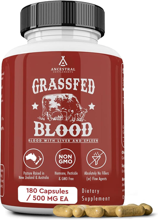 Ancestral Supplements Grass Fed Blood is Blood, Liver & Spleen Formula, 500mg, Grass Fed Beef Supplement, Red & White Blood Cell Formation, Immune and Heart Health Support, Non GMO, 180 Capsules