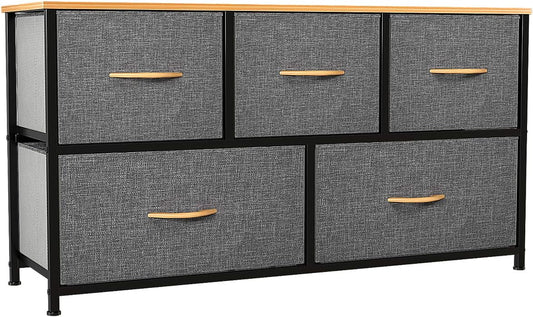 YITAHOME Dresser with 5 Drawers - Fabric Storage Tower, Organizer Unit for Bedroom, Living Room, Closets - Sturdy Steel Frame, Wooden Top (5 Wider Drawers Cool Grey)