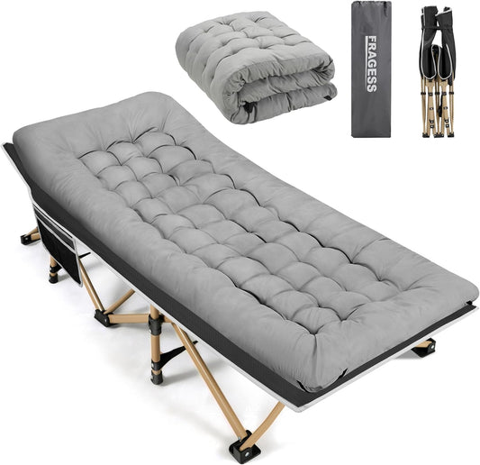 Fragess Portable Camping Cot, 600LBS Max Load, Extra Wide with Thick Mattress, Folding Cot for Outdoor Camping\/Office, Home Nap (Grey)