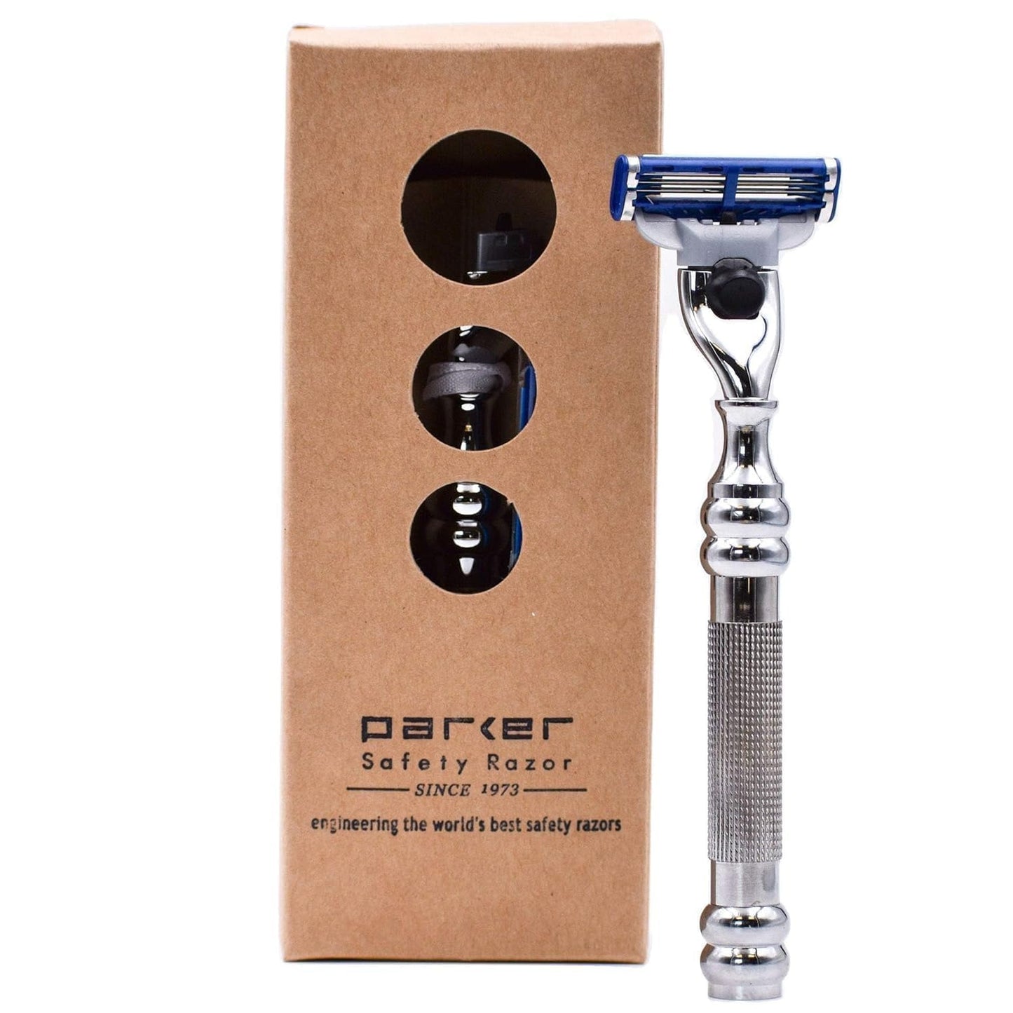 Parker 43M Heavyweight All-Metal Triple Blade Razor \u2013 Shaving Razor with Brass Frame + Deluxe Textured Chrome Handle - One Gillette Mach 3 Razor Blade Included