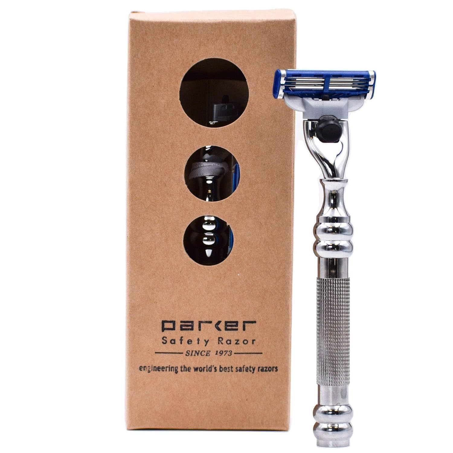 Parker 43M Heavyweight All-Metal Triple Blade Razor \u2013 Shaving Razor with Brass Frame + Deluxe Textured Chrome Handle - One Gillette Mach 3 Razor Blade Included
