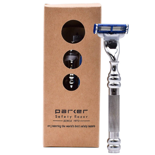 Parker 43M Heavyweight All-Metal Triple Blade Razor \u2013 Shaving Razor with Brass Frame + Deluxe Textured Chrome Handle - One Gillette Mach 3 Razor Blade Included