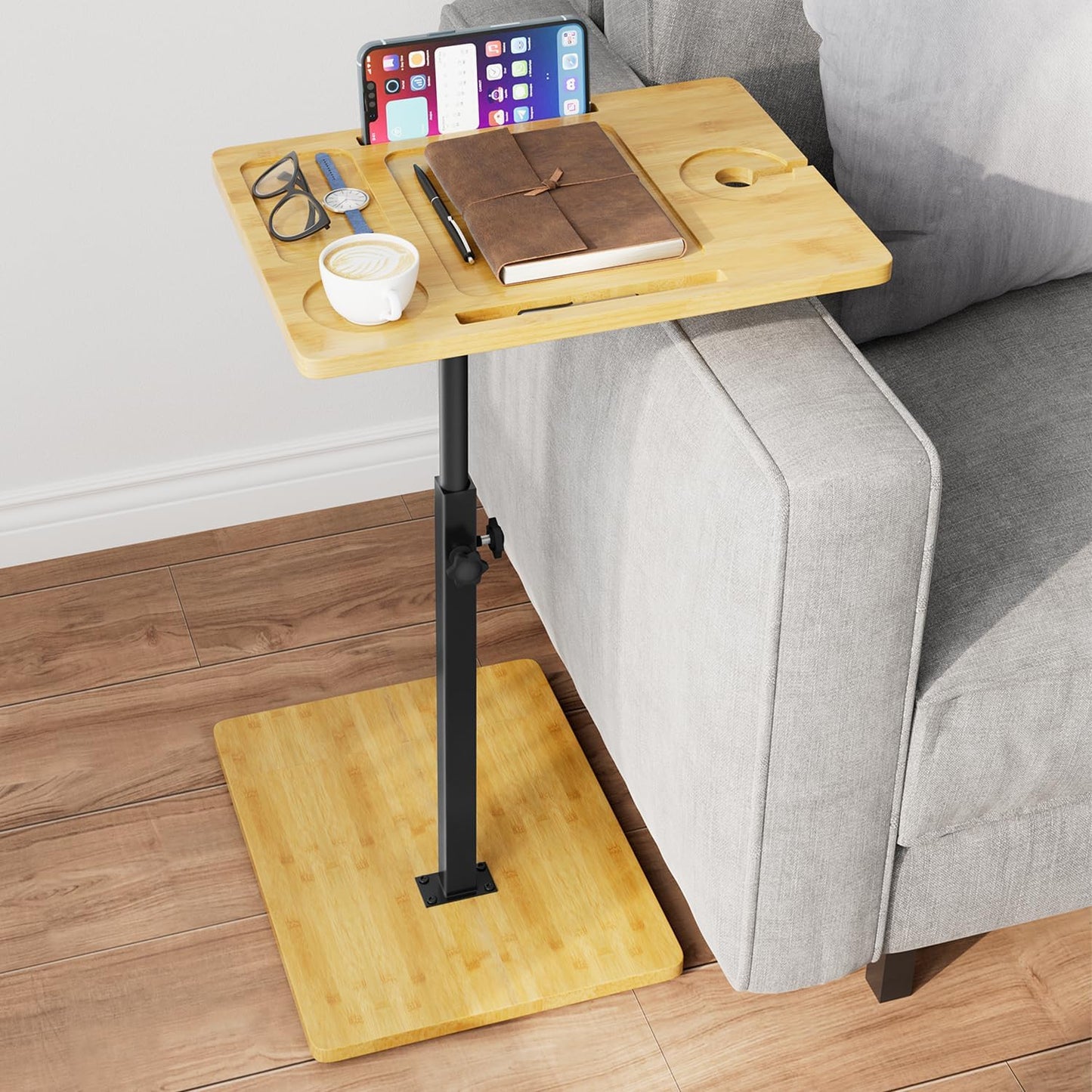 Bamboo C Table End Table Adjustable Height, 360°Swivel Wider TV Tray Table for Couch, Snack Side Table with Phone ＆ Tablet Slot, C Shaped end Table for Small Place/Bathtub/Recliner/Bed/Sofa