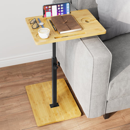 Bamboo C Table End Table Adjustable Height, 360°Swivel Wider TV Tray Table for Couch, Snack Side Table with Phone ＆ Tablet Slot, C Shaped end Table for Small Place/Bathtub/Recliner/Bed/Sofa