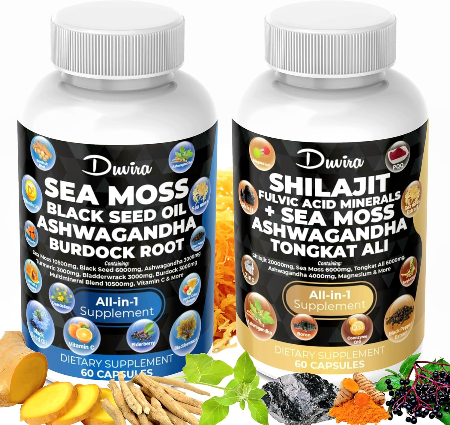 Ultimate Vitality Duo - Sea Moss & Shilajit with Black Seed Oil, Ashwagandha, Turmeric, Vitamin C, Vitamin D and Herbal Support for Daily Health and Vitality, All-in-One Supplements (60 Count)