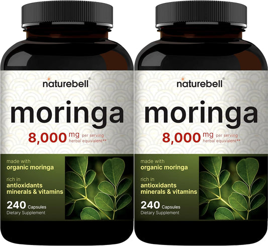 NatureBell 2 Pack Moringa Capsules 8000mg Per Serving, 480 Total Capsules | Green Superfood, Skin Health & Immune Support | Non-GMO, Gluten Free