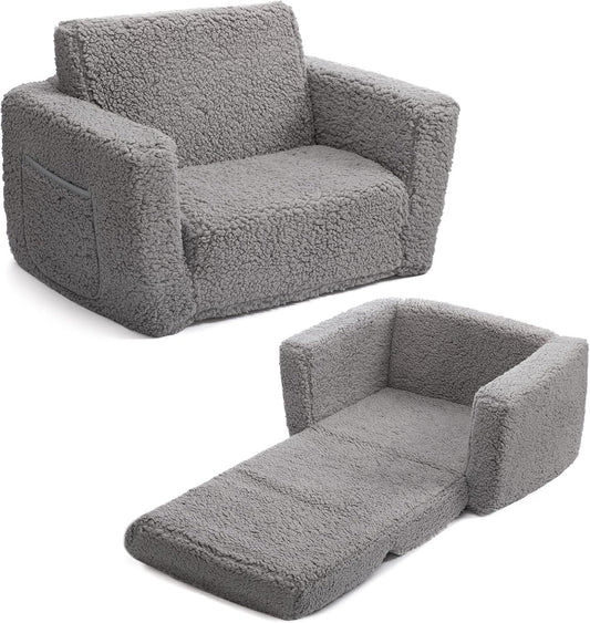 ALIMORDEN 2-in-1 Flip Out Cuddly Sherpa Toddler Couch, Convertible Sofa to Lounger, Grey