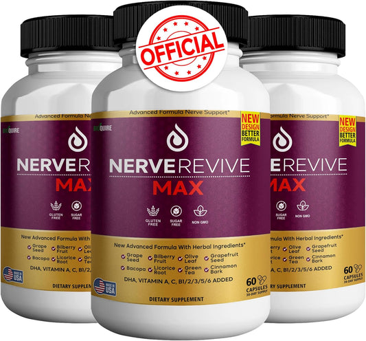 BioQuire Nerve Revive Max \u2013 Advanced Formula with Vitamins, Herbal Extracts & Antioxidants \u2013 Gluten-Free, Non-GMO, Sugar-Free \u2013 Supports Vitality and Wellness \u2013 180 Capsules, 90-Day Supply