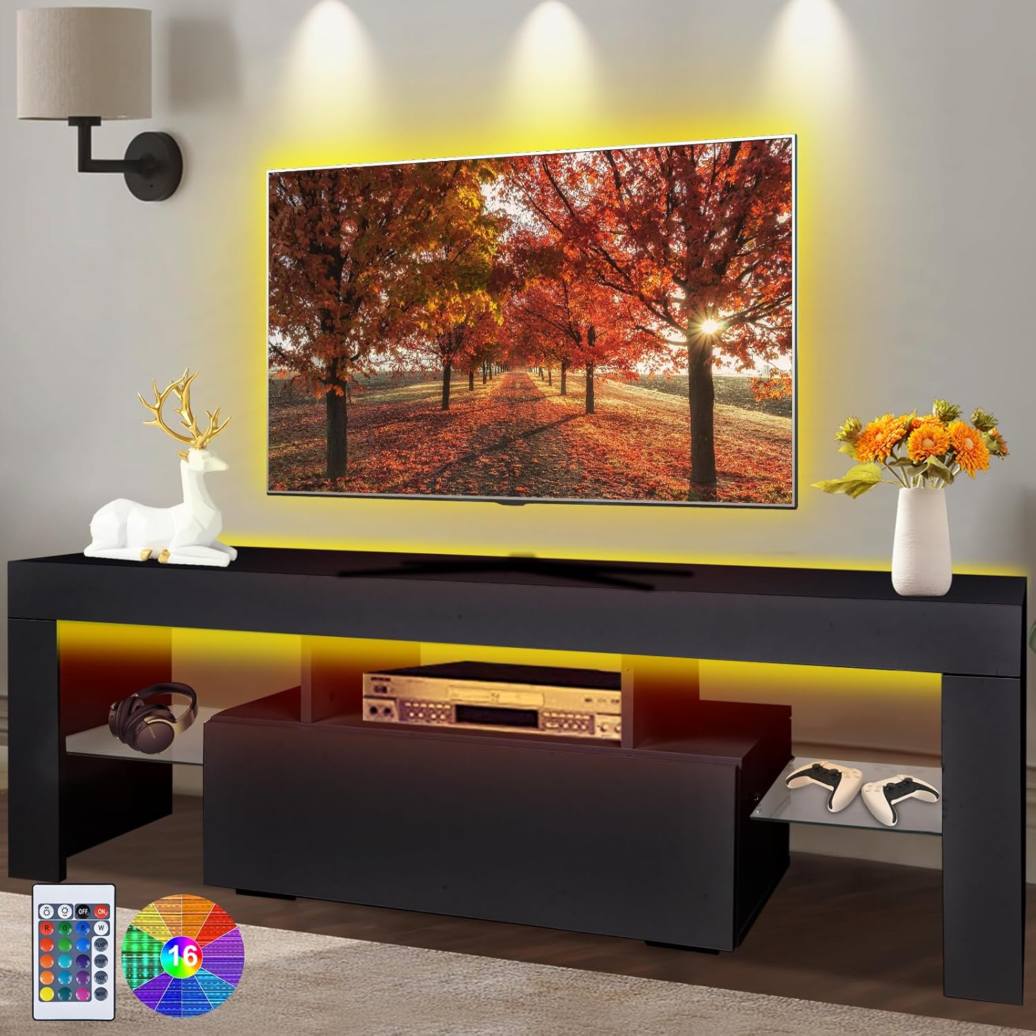 amadecohome LED TV Stand for 55 Inch TV, Morden TV Console Table Entertainment Center, Gaming TV Cabinet for Living Room Bedroom Office Home Apartment Furniture (130 Black TV Stand with 4 Storage)