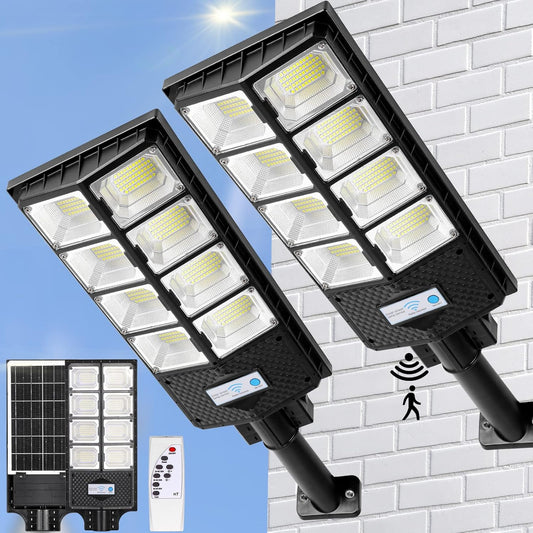 ZJOJO Solar Street Lights Outdoor Waterproof, 6500K 10000LM 448 LEDs Solar Parking Lot Lights Dusk to Dawn, Solar Flood Light Wide Angle Motion Sensor and Remote Control for Area Lighting Yard 2-Pack