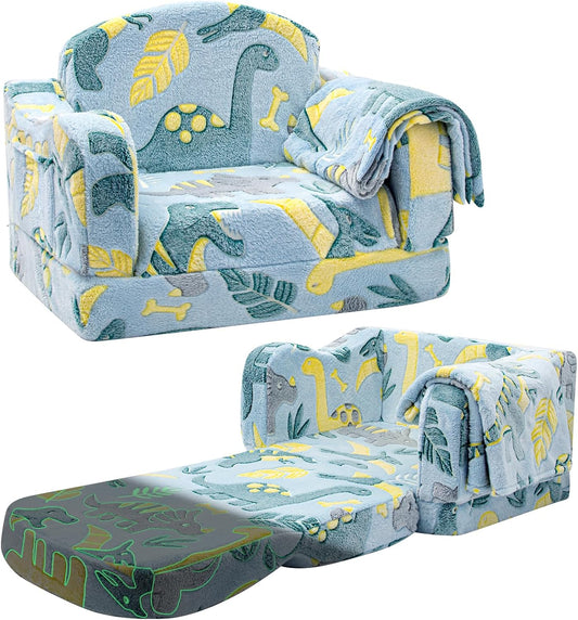 Airpanda Comfy Toddler Chair and Couch for Kids with Blanket,2-in-1 Soft Plush Fold Out Toddler Couch for Girls and Boys,Convertible Sofa to Lounger for Playroom,Glowing Dinosaur