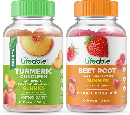 Lifeable Turmeric Curcumin + Beet Root, Gummies Bundle - Great Tasting, Vitamin Supplement, Gluten Free, GMO Free, Chewable Gummy