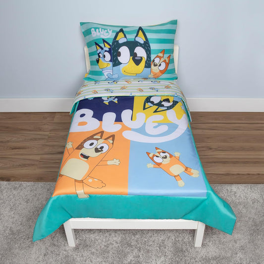 Bluey 4 Piece Toddler Bedding Set \u2013 Includes Comforter, Sheet Set \u2013 Fitted Top Sheet Reversible Pillowcase for Boys or Girls Bed, Blue