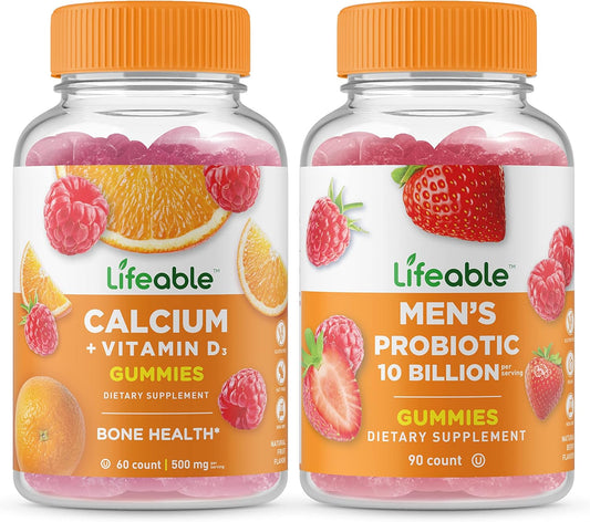 Lifeable Calcium with Vitamin D + Men's Probiotic 10 Billion, Gummies Bundle - Great Tasting, Vitamin Supplement, Gluten Free, GMO Free, Chewable