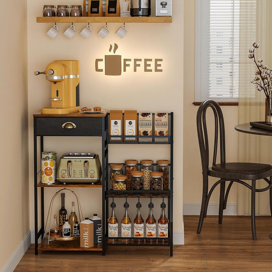 Coffee Bar Cabinet, Coffee Stand Station with Drawer for Coffee Accessories Syrup Dispenser, 3-Tier Farmhouse Coffee Table with Fence for Living Room, Corner, Kitchen, and Small Space（Rustic Brown）