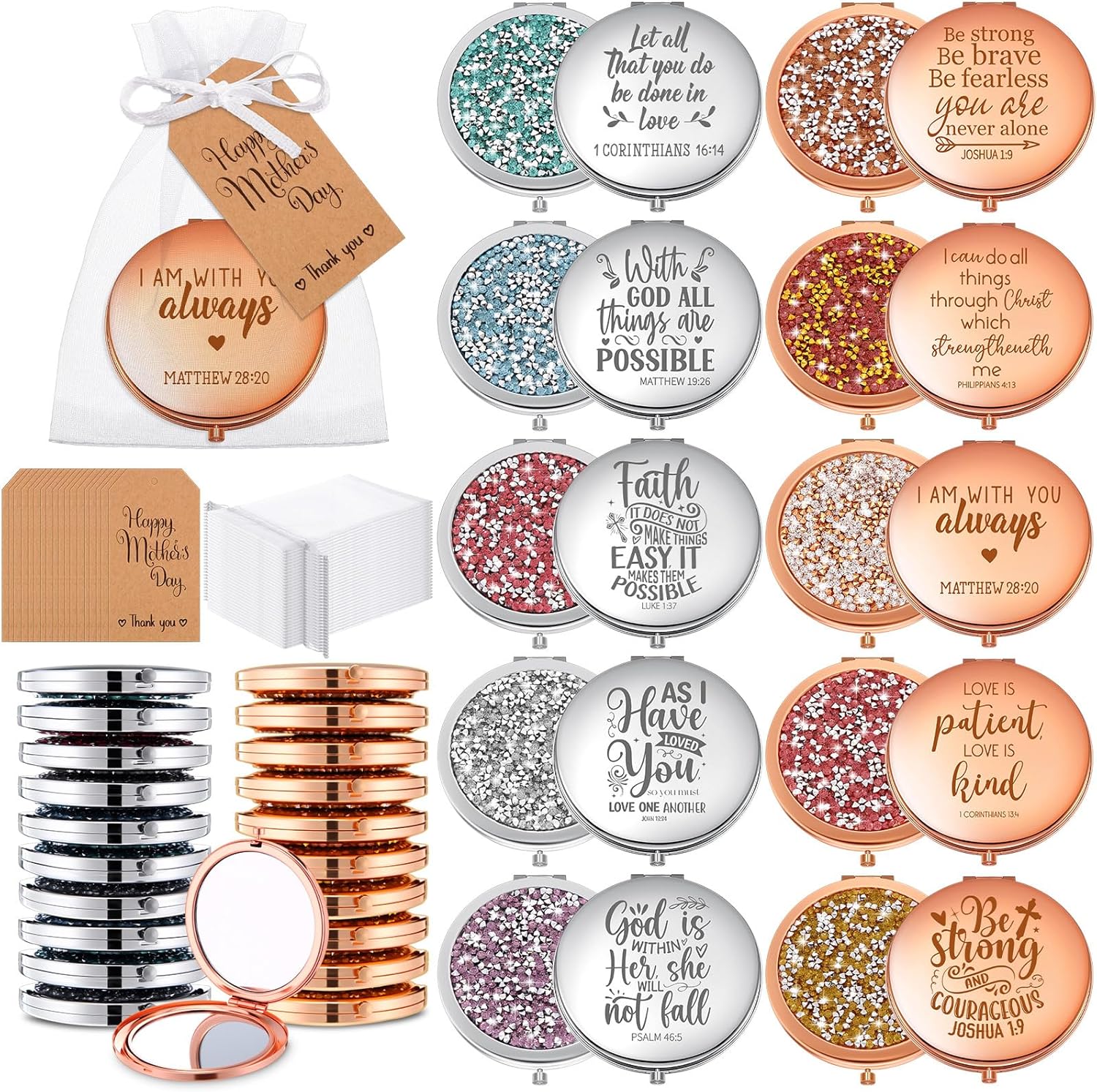 30 Sets Mother's Day Christian Gifts for Women Bible Verse Compact Mirrors for Mom Mini Portable Makeup Pocket Mirrors Inspirational Religious Gift for Coworker Church Scripture Party