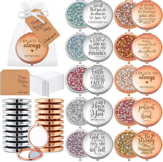 30 Sets Mother's Day Christian Gifts for Women Bible Verse Compact Mirrors for Mom Mini Portable Makeup Pocket Mirrors Inspirational Religious Gift for Coworker Church Scripture Party