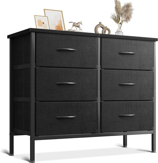 AODK Dresser for Bedroom Dresser TV Stand with 6 Storage Drawers, Small Fabric Dresser Chest of Drawers for Closet Organizer Clothes, Black